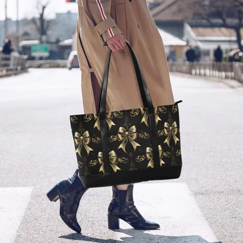 Vista 6 de Bolso de mano moderno con lazo vintage en negro y dorado para mujer con cremallera, bolsa grande para gimnasio con artículos esenciales de viaje