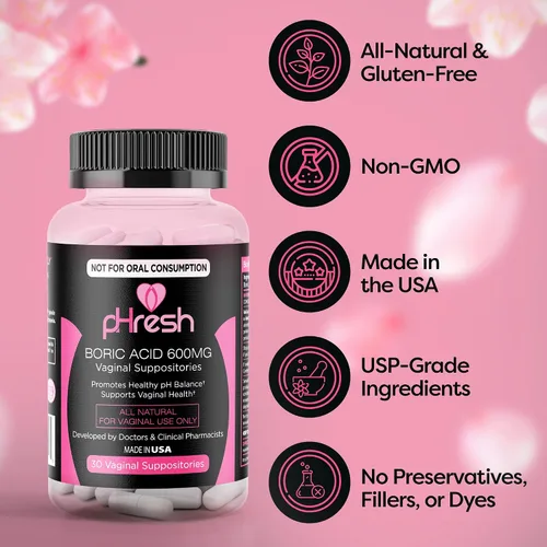 Vista 2 de pHresh Supositorios de ácido bórico para mujeres, supositorios para el uso de olores, el cuidado femenino natural apoya la salud vaginal y promueve