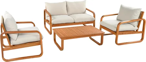 Vista 8 de Juego de muebles de patio al aire libre de madera de acacia de 4 piezas, juego de conversación para todo tipo de clima con sofá biplaza, 2 sillas