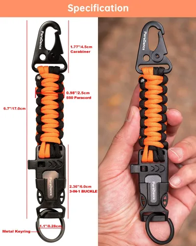 Vista 5 de Survival Keychain Fire Starter w/Flint Striker Paracord Whistle Keyring for Hiking Camping Fishing Hunting