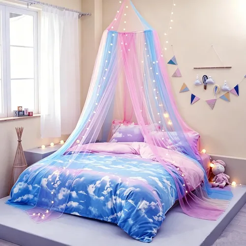 Vista 12 de Dosel de Cama para Niñas con Luces de Estrellas, Cortinas de Dosel de Cama de Princesa con Mosquitero de Estrella Dorada para Decoración de Rosa