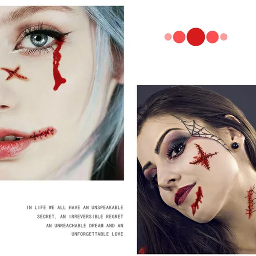 Vista 5 de Cicatrices falsas de Halloween, tatuajes temporales, maquillaje de sangre falsa, cortes de cicatrices falsas, puntadas falsas para la cara, tatuajes