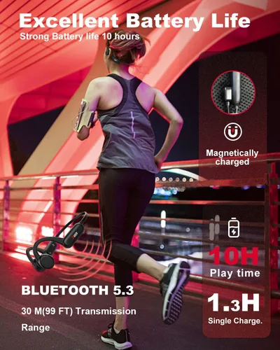 Vista 4 de FEICO Auriculares de conducción ósea, auriculares Bluetooth 5.3 de oreja abierta con micrófono Modo MP3 integrado de 32 GB y 10 horas de Negro
