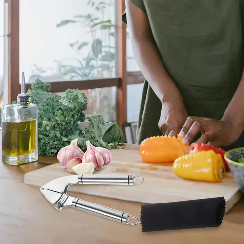 Vista 5 de Prensa de ajo de acero inoxidable, trituradora manual de ajo y pelador, dispositivo de cocina, operación sin esfuerzo, elegante herramienta