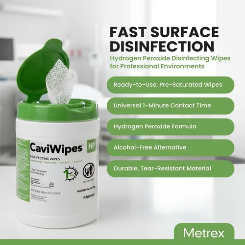 Vista 2 de Metrex CaviWipes HP Toallitas desinfectantes con peróxido de hidrógeno, desinfectante de superficies de grado hospitalario sin blanqueador, mata