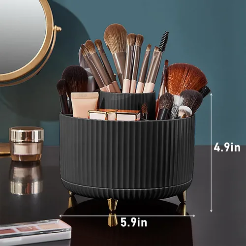 Vista 7 de Organizador para brochas de maquillaje, organizador de brochas de maquillaje giratorio 360°, taza con 5 ranuras para brochas de maquillaje