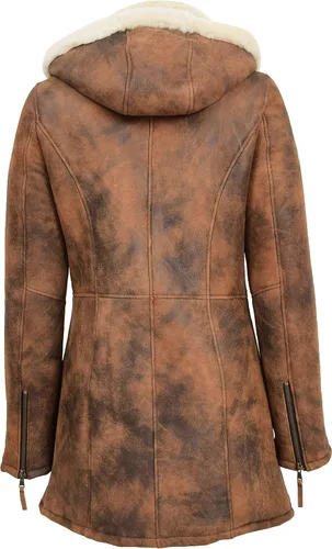Vista 2 de Abrigo de piel de oveja auténtica para mujer 34 largo con capucha Cognac Shearling chaqueta armas