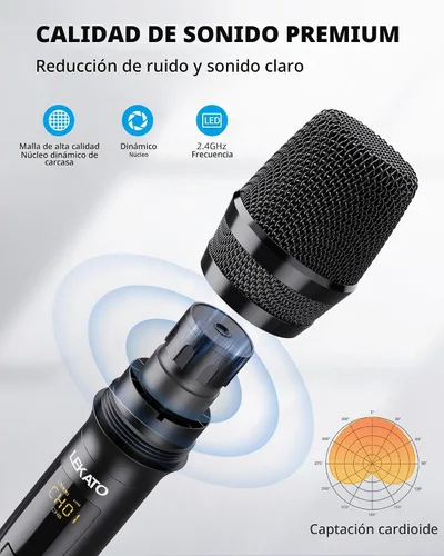 Vista 2 de LEKATO Micrófono inalámbrico, sistema de micrófono dinámico inalámbrico de mano dual recargable de 2.4 GHz con receptor de 1/4 pulgadas, micrófono