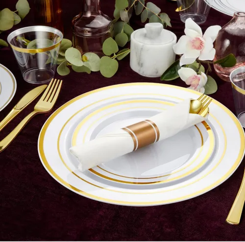 Vista 2 de R-kay Juego de vajilla de plástico dorado de 350 piezas para 50 invitados, platos de plástico dorado para fiestas, platos de fiesta y tazas