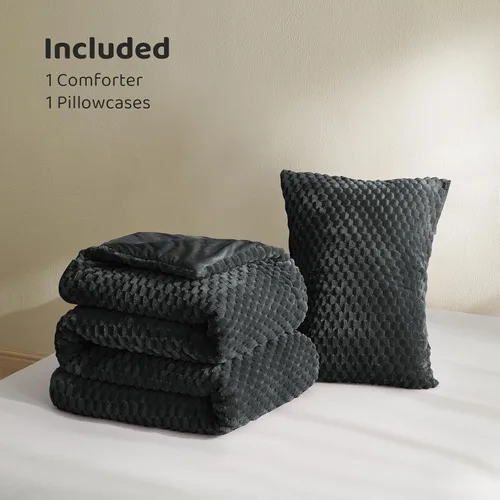 Vista 6 de Petrichor Juego de edredón esponjoso tamaño individual, edredón grueso de franela negra ultrasuave para cama Queen, juego de ropa de cama cálido