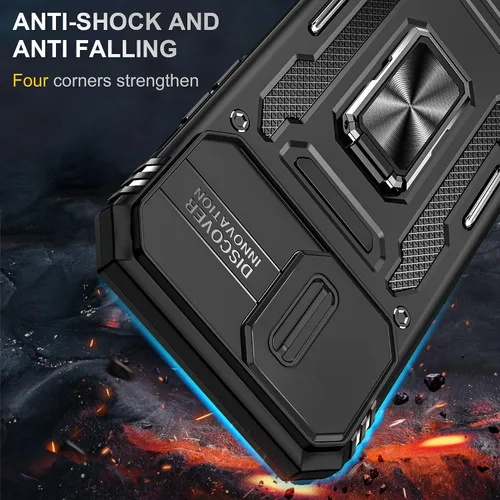 Vista 2 de Funda para iPhone 13 Pro con función atril con cubierta para cámara, protección de grado militar, soporte de anillo de metal, funda parachoques
