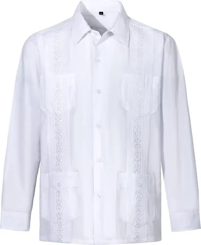 Vista 14 de Camisas guayabera de manga larga para hombre Negro