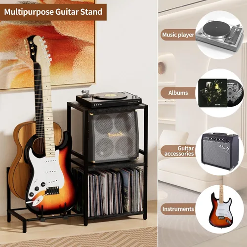 Vista 4 de YAKANJ Mesa Auxiliar con Soporte para Guitarra, Soporte para Tocadiscos, Almacenamiento para Discos de Vinilo, Soporte de 2 Niveles para Guitarra