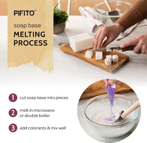 Vista 5 de Pifito Kit de fabricación de jabón │ Suministros para hacer jabón de bricolaje – 3 libras de base de jabón para derretir y verter