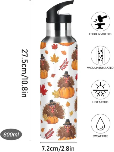Vista 9 de BPA-Free Sport Water Bottle Insulated 20 Oz, Stainless Steel Vacuum Insulated Water Bottle for Gym Outdoor Travel School, Cartoon Turkeys Hats