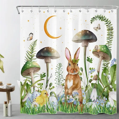 Vista 6 de Easter Rabbit Shower Curtain, Mushroom Bathroom Curtain Easter Eggs with Green Plants Leaves Aesthetic Moon Shower Curtains for Bathroom with Hooks