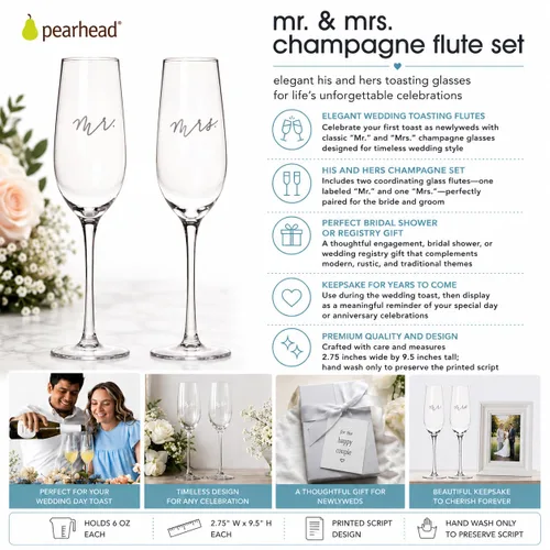 Vista 2 de Pearhead Mr. & Mrs. - Juego de copas de champán para el día de la boda, copas de vino altas, idea de regalo para despedida de soltera His And Hers