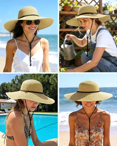 Vista 6 de Sombreros de sol para mujer, sombrero de playa de paja de ala ancha de Beige