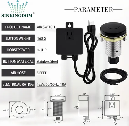 Vista 2 de Kit de interruptor de aire para triturador de basura con botón de acero inoxidable, negro mate