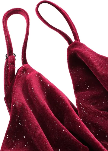 Vista 5 de Laughido - Vestido de fiesta de terciopelo para mujer, diseño con tirantes delgados, sin mangas, fruncido, y entallado con abertura, para cóctel