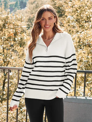 Vista 3 de LILLUSORY Suéter de punto con cuello de rayas con cremallera de un cuarto para mujer, ropa cálida de punto para invierno 2023 a la moda
