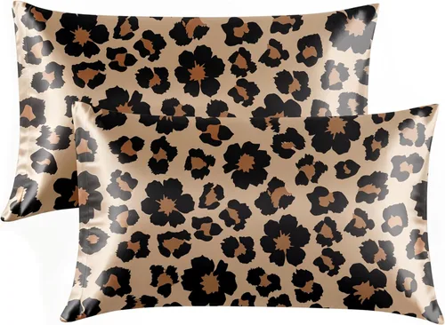 Vista 46 de EXQ Home - Funda de almohada de satén para cuidar el cabello y la piel, tamaño estándar, de seda con estampado negro, juego de 2 fundas con cierre