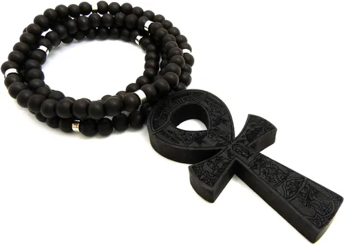 Vista 4 de Fashion 21 Colgante Egipto Key of Life Ankh de 0.315in, 36 pulgadas, collar de cuentas de madera en tono negro, marrón, Madera, N A