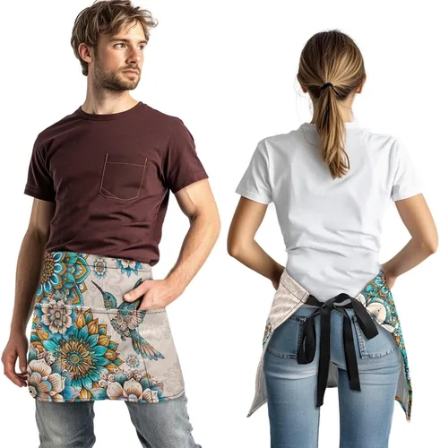 Vista 3 de Delantal de cintura para camarera con 3 bolsillos, delantales lavables medio cortos con correas para camarera, mujeres y hombres