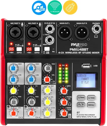 Vista 2 de Mezclador de sonido de audio de estudio Pyle - Consola de mezcla digital portátil profesional compatible con Bluetooth de 4 canales con interfaz USB
