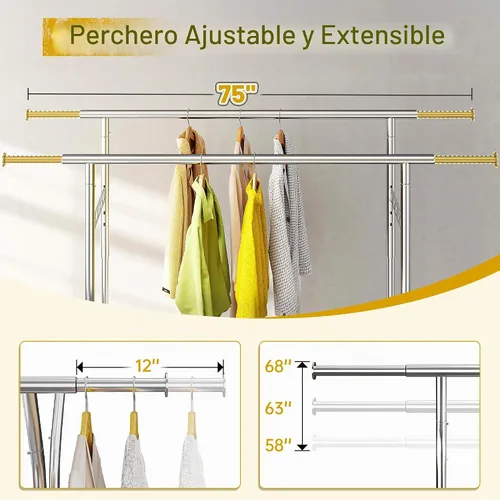 Vista 5 de Raybee Perchero de carga de 620 libras, almacenamiento de ropa de metal con estante y ruedas resistentes, estante de ropa rodante para dormitorio
