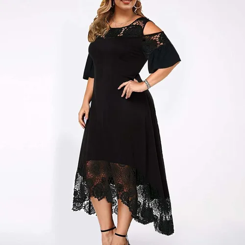 Vista 6 de ZEFOTIM Vestido de fiesta para invitados de boda, vestido de encaje casual con cuello redondo, cintura imperio, volantes, suelto, largo, vestido