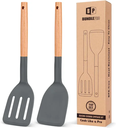 Vista 10 de Paquete de 2 espátulas de cocina de silicona, espátulas sólidas resistentes al calor, espátulas ranuradas antiadherentes con mango corto de madera