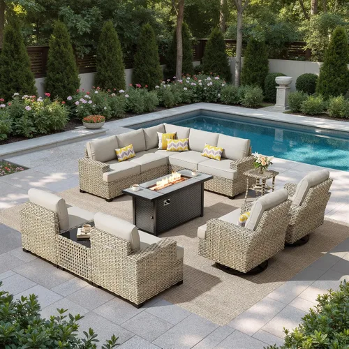 Vista 57 de HOOOWOOO Juego de muebles seccionales de patio con mesa de luz solar, 6 piezas de mimbre para exteriores, sofá en forma de L, juego de conversación