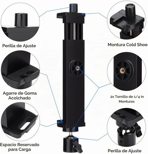 Vista 3 de Adaptador de montaje de trípode para iPad con cabeza esférica, soporte universal de abrazadera giratoria 360 con control remoto Bluetooth para iPad