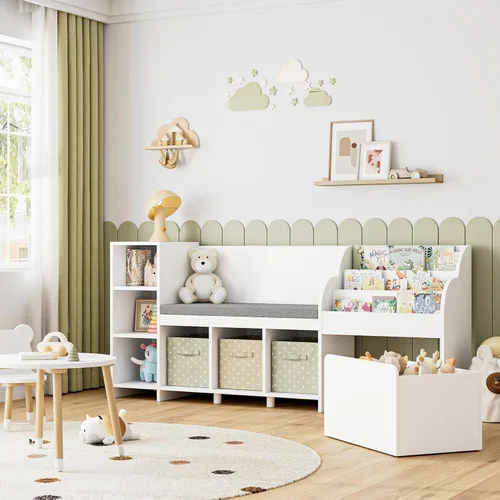 Vista 9 de HOSTACK Rincón de lectura para niños de 67 pulgadas de ancho con organizador de almacenamiento de juguetes, estantería grande para niños con caja
