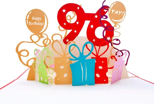 Vista 2 de iGifts And Cards Tarjeta desplegable 3D de cumpleaños 96, regalos coloridos y celebración de hitos de globos, saludo sincero para personas mayores