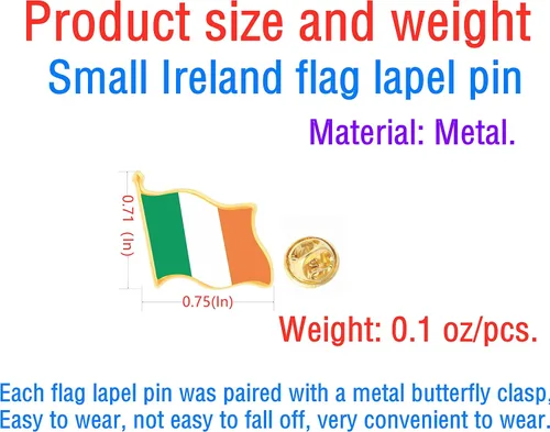 Vista 2 de CINFAC 122550PCS Pequeño Metal Irlanda Bandera Pin de Solapa Bandera Irlandesa Pin para Traje Chaqueta a granel