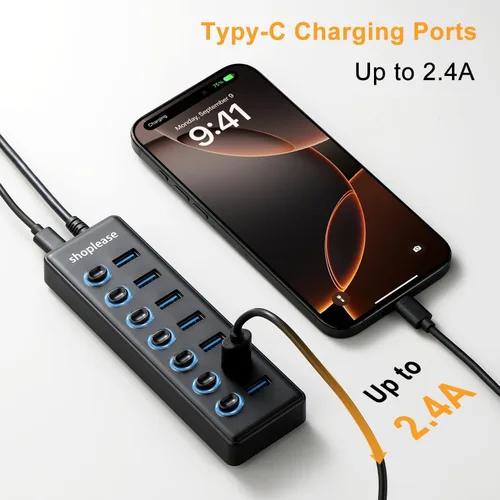 Vista 3 de Hub USB 3.0 SuperSpeed con línea de 1M, divisor de 7 puertos con interruptores de alimentación individuales y luz LED