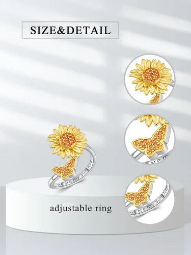 Vista 2 de Anillo ajustable de abejamariposamostazacolibrígatoarco iris para mujer, plata de ley 925, anillos de cuchara para mujer, tamaño adecuado