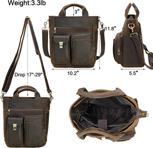 Vista 5 de TIDING Bolso de mensajero de cuero para hombre, bolso cruzado vintage, bolso de hombro para negocios, trabajo, bolso para tableta de 11 pulgadas
