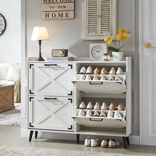 Vista 17 de Barnyatoh - Gabinete de almacenamiento de zapatos estilo granja, organizador de zapatos con 2 cajones abatibles y diseño de puerta de granero