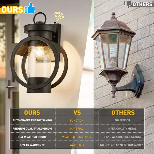 Vista 6 de Lámpara de pared industrial con sensor de atardecer a amanecer, moderna lámpara de pared exterior impermeable, lámpara de pared exterior negra mate