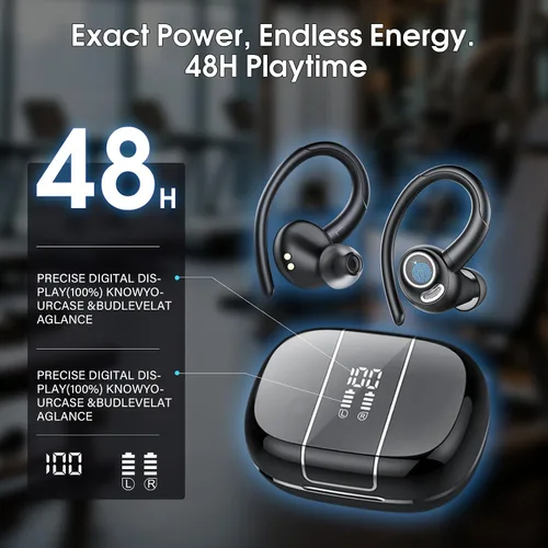 Vista 5 de Auriculares deportivos inalámbricos con ganchos seguros para los oídos, 48H Negro