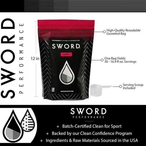 Vista 5 de SWORD PERFORMANCE Mezcla de bebida en polvo para reponer electrolitos, bayas, bolsa resellable de 30 porciones con cuchara