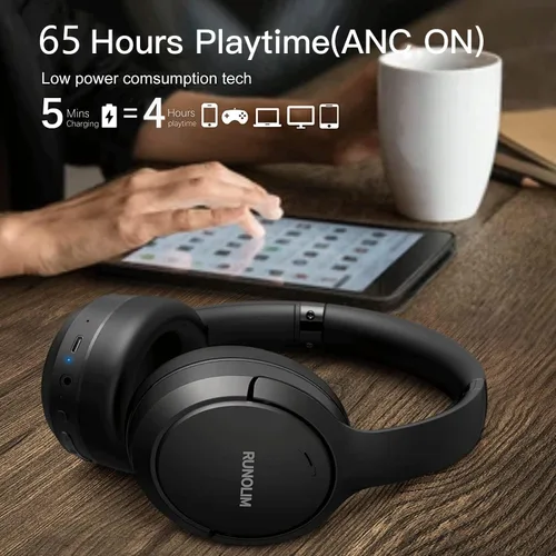 Vista 3 de RUNOLIM - Audífonos híbridos con cancelación activa de ruido, inalámbricos con Bluetooth, con micrófono, 70 horas de reproducción, plegables