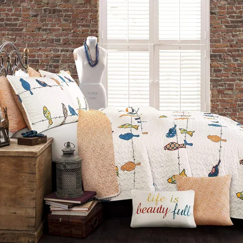 Vista 2 de Lush Decor - Juego de colcha de pájaros Rowley, juego de 7 piezas, matrimonial/queen, multi - Juego de ropa de cama reversible con fundas
