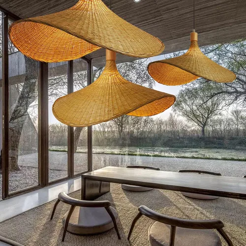 Vista 3 de Lámpara colgante de bambú, lámpara de nido de pájaro artístico, sombrero, luz colgante de techo con cable ajustable para sala de estar, comedor, bar
