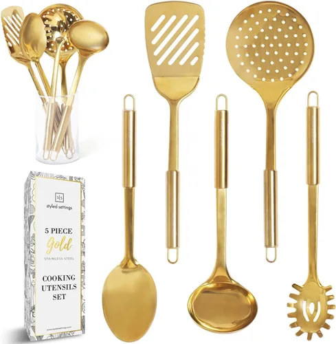 Vista 13 de Juego de utensilios de cocina dorados con tazas medidoras y cucharas, 13 piezas de accesorios de cocina dorados de lujo, incluye tazas medidoras