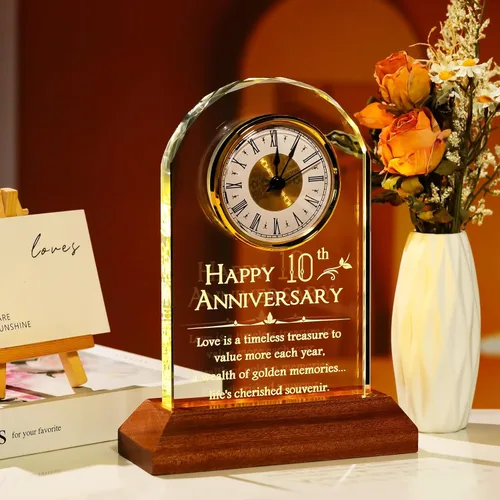Vista 3 de YWHL Regalos de Reloj del 10º Aniversario de Boda para Parejas, Regalo de Cristal de Feliz 10 Años de Aniversario para Ella y Él, Regalos de Reloj