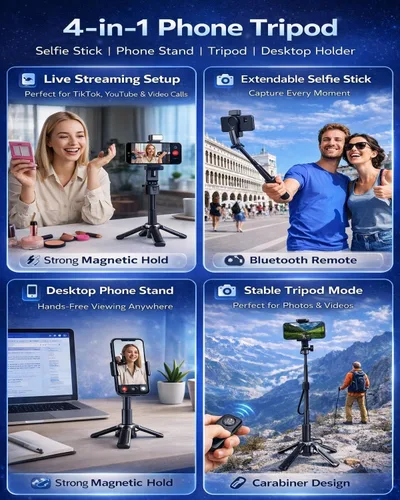 Vista 5 de Mini trípode magnético para selfie, soporte de teléfono extensible 4 en 1 con control remoto inalámbrico, tamaño de bolsillo para viajes, vlog